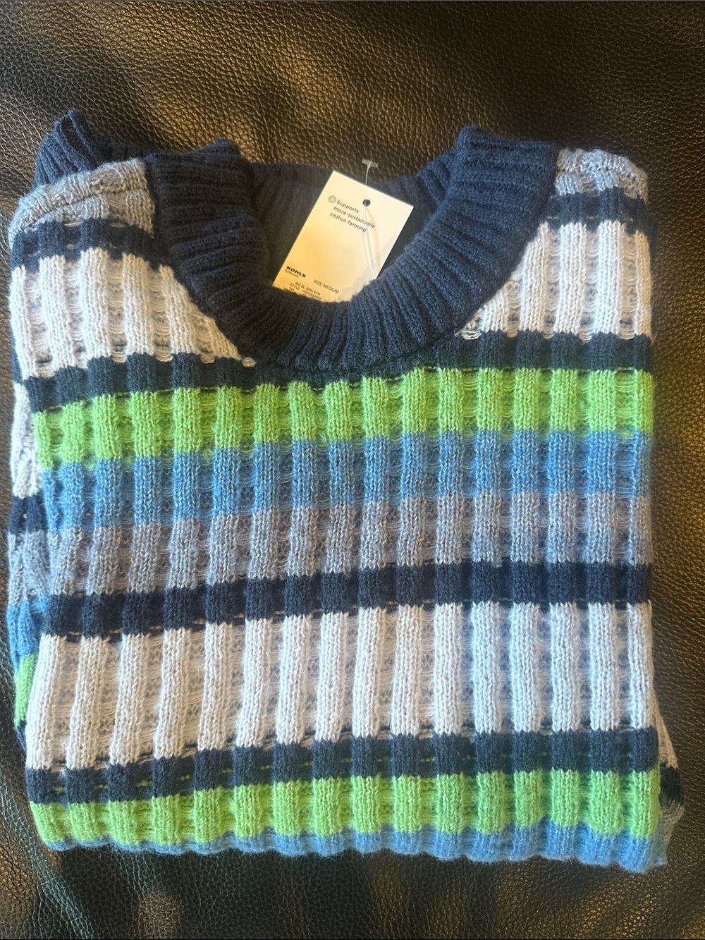 NWT Women's Striped Ribbed Crewneck Sweater - Navy, Light Blue & Lime